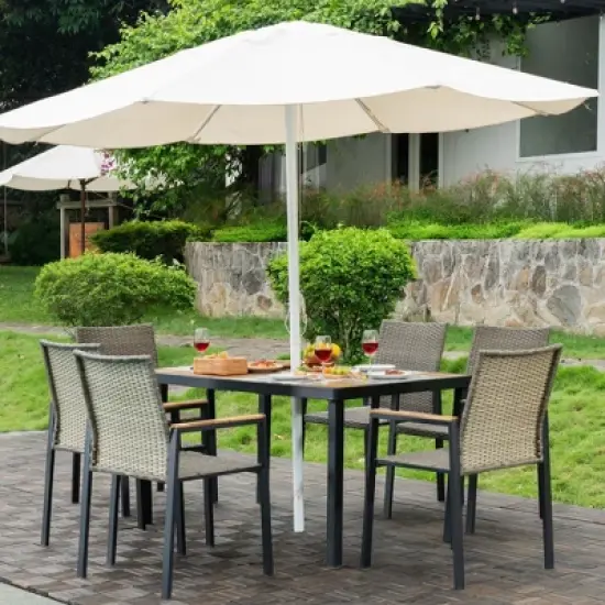 FIONECA All-Weather 7-Piece Patio Dining Set with Acacia Wood Table Top & Umbrella Hole, Brown Gray Rattan Outdoor Conversation Set image {3}