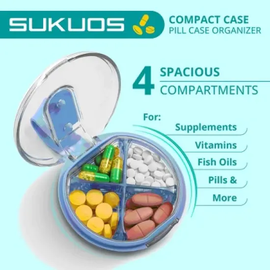 Sukuos Daily Use Round Pill Organizer 1 Pack, 4 Compartments, Portable Travel Pill Box, Medicine Container & Vitamin Holder image {2}