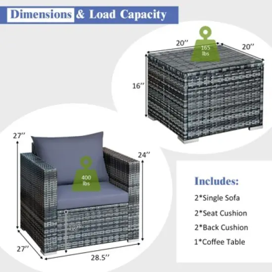 Tangkula 3-Piece Patio Wicker Conversation Set Bistro Rattan Sofa Chair with Washable Cushion Gray image {4}