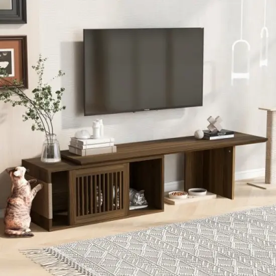 Whisen Furniture-Style TV Stand & Hidden Cat Litter Box & Cat Bed, House with Removable Sliding Door image {2}