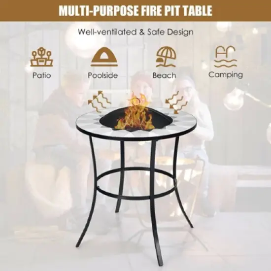 WELLFOR 23.5" Wood Burning Dining Fire Table With Mesh Cover & Poker W-10388 Black image {2}