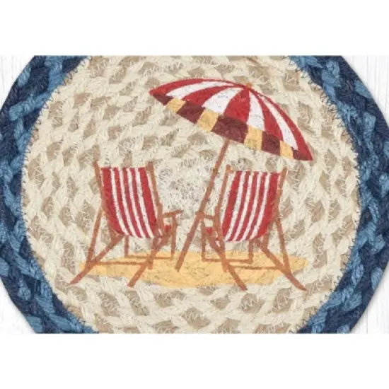 Earth Rugs Red Beach Chair Round Trivet &ndash; 10" Coastal Print on Natural Braided Jute Mat image {2}