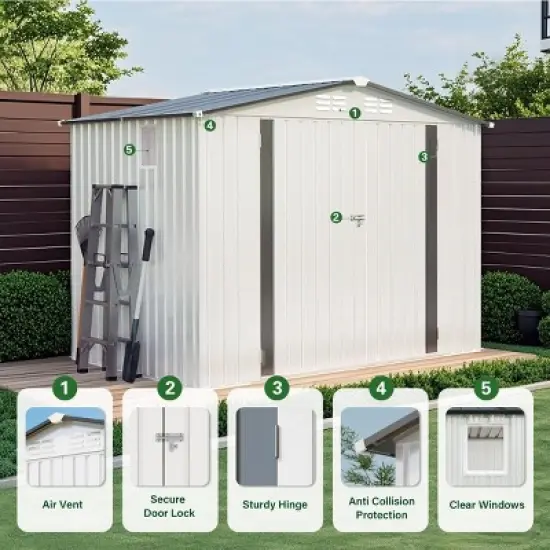 8X6 FT White Metal Outdoor Storage Shed with Window and Lockable Door, All-Weather Gray Gable Roof Garden Tool Shed for Backyard or Lawn &ndash; Cuddlewood image {5}