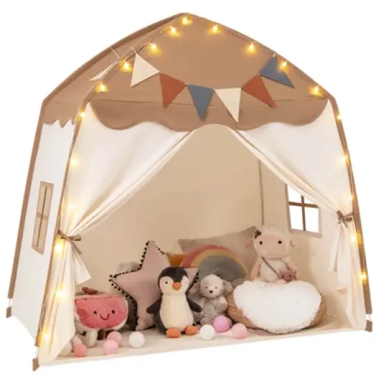 Costway Kids Play Tent w/Flags and Globe String Lights for 3-12 Years Old Indoor Outdoor image {11}