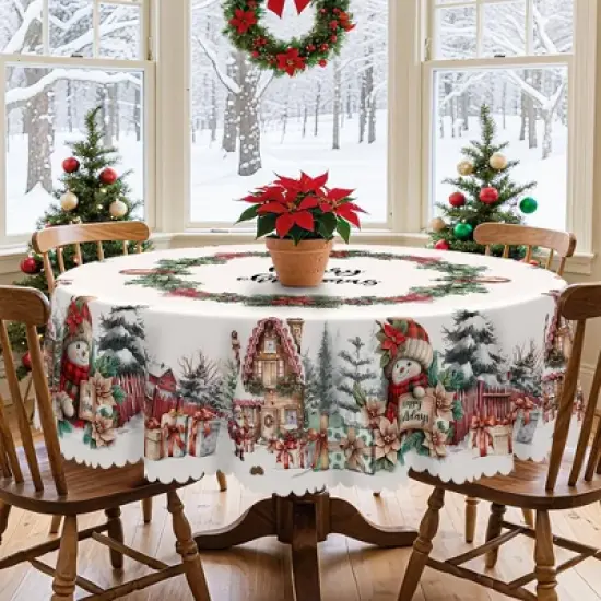 LOVEVOOK 60x86 Inch Rectangle Christmas Tablecloth, Winter Snowman Trees Red Washable Table Cover for Party Picnic Dinner Holiday Decor image {3}