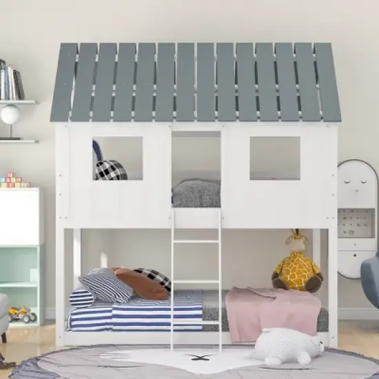 Twin over Twin Low Bunk Beds with House Shaped Roof and Guardrail, White-ModernLuxe image {1}