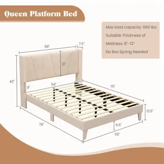 Costway Full/Queen Size Upholstered Bed Frame with Elastic Pockets Mattress Foundation Beige image {2}