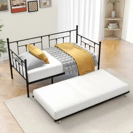 Twin Size Daybed Metal Frame with Trundle Set, Twin Day Bed Sofa, Daybed and Roll Sofa Bed for Guest Room, Bedroom, Living Room, Victorian Style image {4}