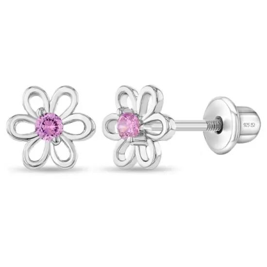 Girl's Spring Cubic Zirconia Flower Screw Back Sterling Silver Earrings - In Season Jewelry image {5}