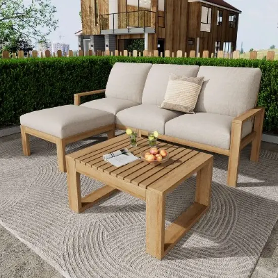 FIONECA 3-Piece Outdoor Acacia Wood Sectional Sofa Set with Cushions image {1}