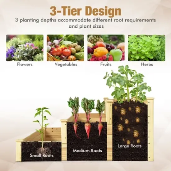 Costway 3-Tier Raised Garden Bed Wood Planter Kit for Flower Vegetable Herb 48x 48x 22in image {5}