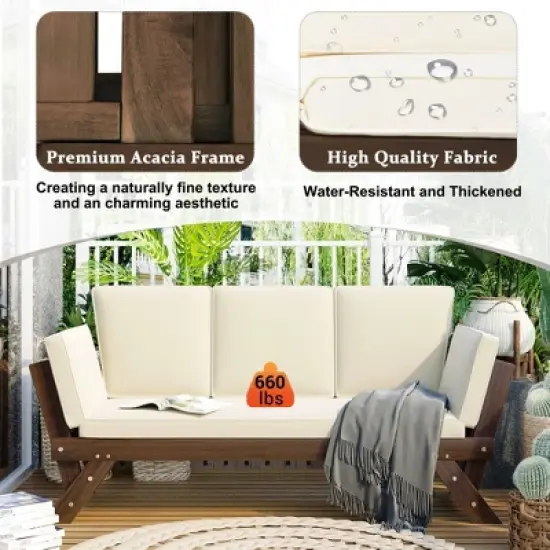 Adjustable Patio Daybed with Convertible Chaise Lounge, Acacia Wood, for Small Outdoor Spaces image {3}