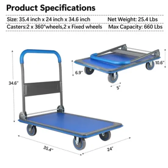 Platform Truck Dolly Large Foldable Moving Cart for Easy Mobile Storage, 360 Degree Swivel Wheels 660 lbs Weight Capacity image {2}