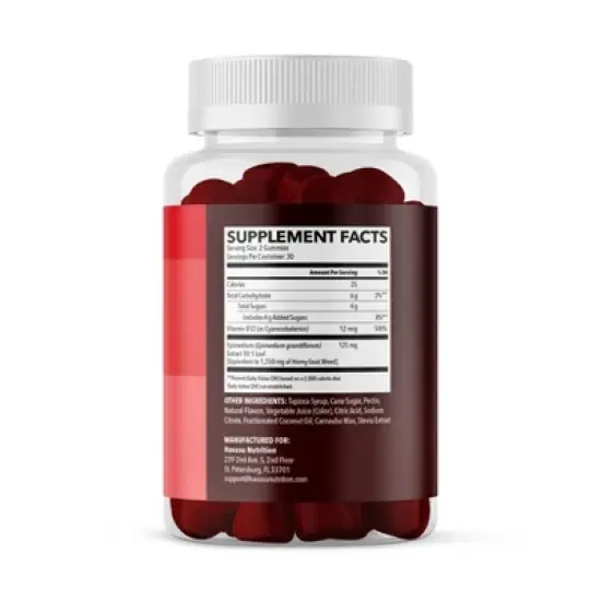 Horny Goat Weed Gummies + Vitamin B12, Energy Endurance & Performance Support for Men, Mood Health Support, Havasu Nutrition, Raspberry, 60ct image {2}