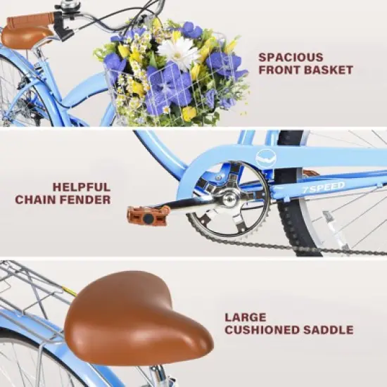 hykolity 26 inch Cruiser Bike Beach Bicycle City Bike Commuter Cycling 7 Speed for Adult Women Front Basket Rear Rack Aquamarine image {4}