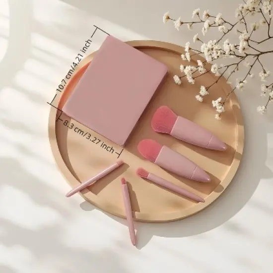 BABYYER 5-Piece Makeup Brush Set with Mirror & Travel Case Hypoallergenic Vegan Bristles for Sensitive Skin,for On-the-Go Touchups (Pink) image {2}