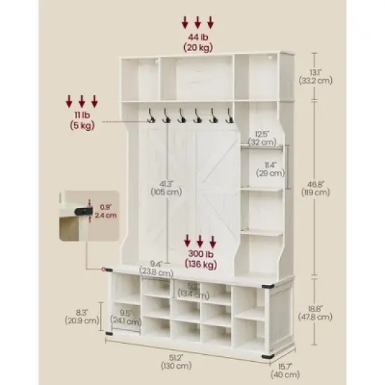 Hall Tree with Bench and Shoe Storage, Coat Rack with Shoe Storage, Entryway Furniture, 20 Open Compartments, 6 Tri-Hooks, Rustic White image {4}