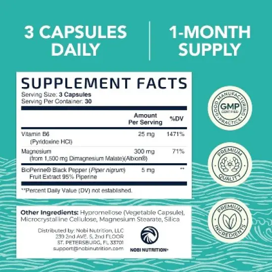 High Absorption Magnesium Malate Capsules, 1500MG Mag Malate with VIT B6 + Black Pepper for Energy & Nervous System Support, Nobi Nutrition, 90ct image {2}