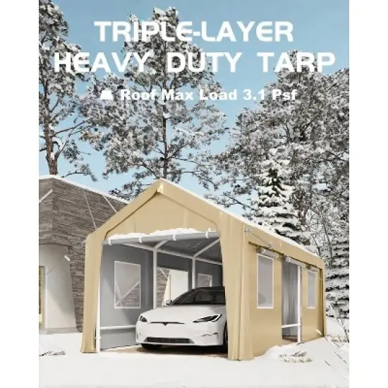 10'x20' Heavy Duty Wind-Resistant Carport, Reinforced Portable Garage Shelter with 180g PE Canopy and Dual Doors, All-Weather Protection for Trucks image {2}