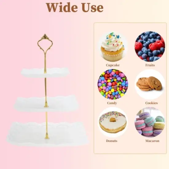Unique Bargains 3 Tier Dessert Cupcake Stand Square Cup Cake Holder Tower with Tiered Serving Tray for Donuts Fruits White Gold Tone image {4}
