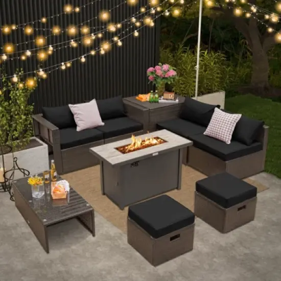 Tangkula 9 Pieces Outdoor Patio Furniture Set with 42" Propane Fire Pit Table Outdoor PE Wicker Space-Saving Sectional Sofa Set Black/Gray/Navy/Red/Turquoise/Off White image {3}