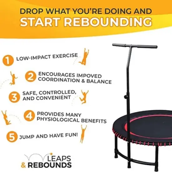 LEAPS & REBOUNDS 48" Adjustable Stability Bar Attachment with 48" Mini Fitness Trampoline and Home Gym Rebounder for Cardio Exercises, Orange image {3}