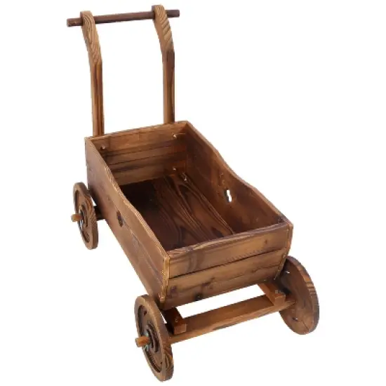 Wooden Wagon Planter Box, Mobile Garden Planter with 4 Wheels, Handle, Drain Hole, Decorative Flower Planter Brown image {2}