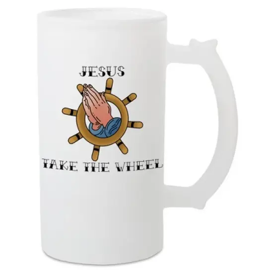 100 North Freezable 16 Ounce Translucent White Matte Frosted Glass Craft Drinking Stein Beer Mug With Thumb Grip Handle, Jesus Take The Wheel image {1}