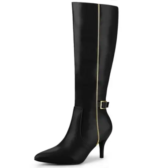 Allegra K Women's Pointy Toe Buckle Decor Side Zip Stiletto Heel Knee High Boots image {6}