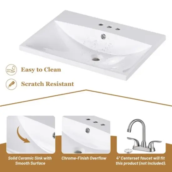 24" Free Standing Bathroom Vanity With Ceramic Sink Drawer Open Shelf Ample Storage Space Easy Assembly, White image {4}