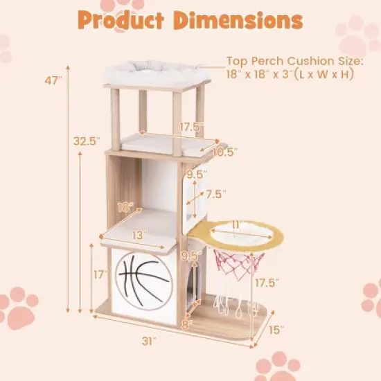 Tangkula 47" Wooden Cat Tree w/ 2-Story Cat Condo 2 Perches Basketball Hoop Hammock image {8}