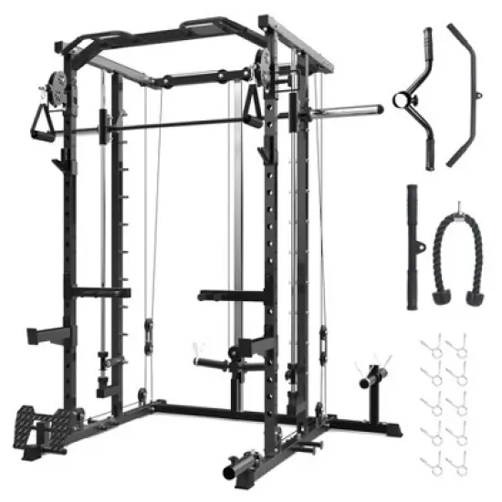 Power Cage, Smith Machine Squat Rack, Heavy Duty Power Rack for Home Gym with Pulley System, Dip Bar, LAT Pulldown, Multifunctional Squat Rack image {9}