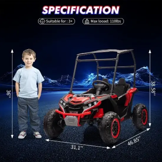 24V Ride On Utv for Kids, 2 Seater Electric Truck with Sun Shade,4WD Electric Car Toy with Remote Control, Led Lights, Music Player, Red image {5}