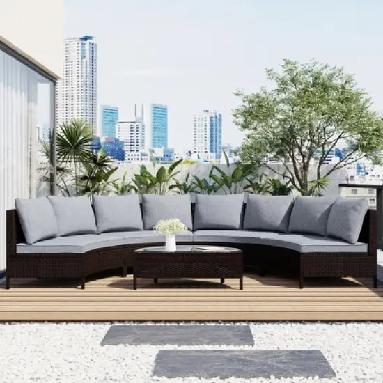 FIONECA 5-Piece Outdoor Patio Sectional Sofa Set, Brown PE Rattan Half-Moon Sofa with Tempered Glass Table & Gray Cushions image {1}