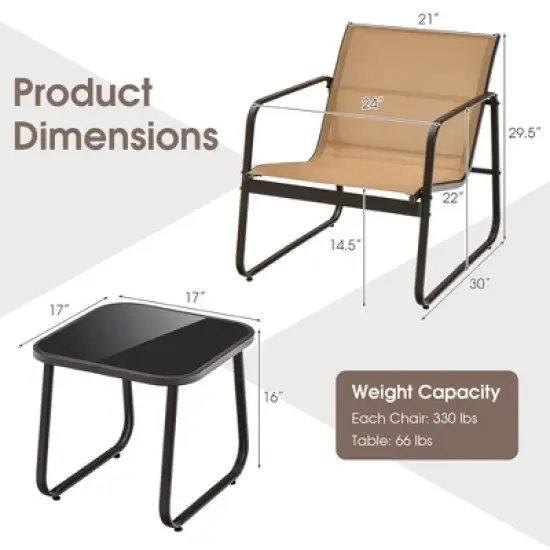 Costway 3 Pieces Patio Conversation Set Outdoor Metal Chair & Table Tempered Glass Top image {3}