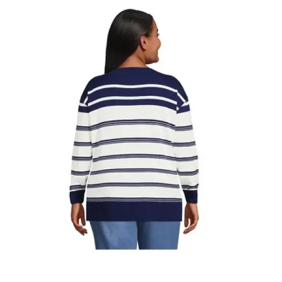 Lands' End Women's Fine Gauge Cotton V-Neck Pullover Tunic Sweater - Stripe image {1}