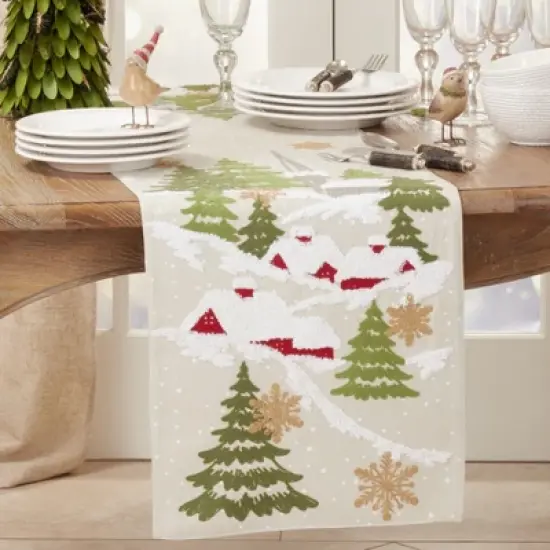 Saro Lifestyle Embroidered Christmas Mountain Runner, Natural, 16" x 70" image {2}
