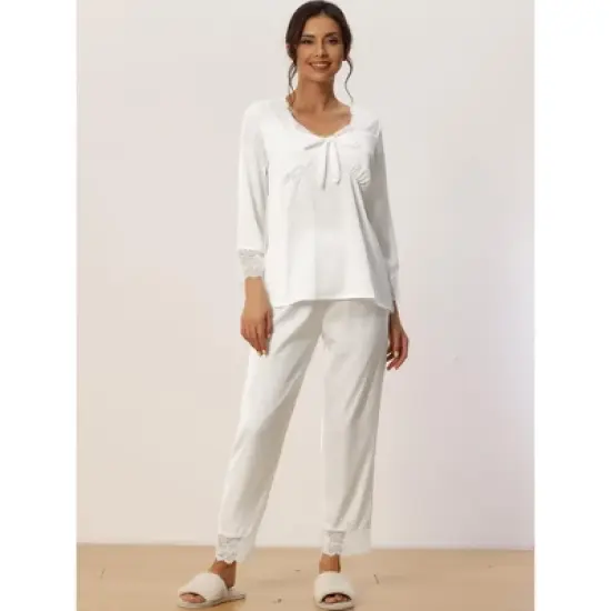cheibear Womens Loungewear Silky Long Sleeve Top with Pants Pajamas Sets image {1}