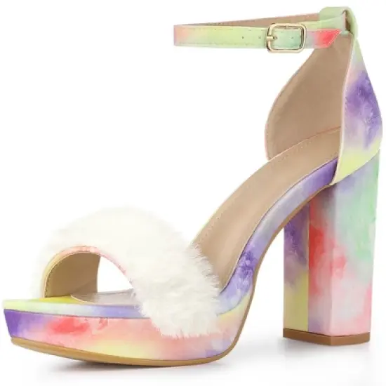 Perphy Women's Tie Dye Platform Fur Chunky Heels Sandals image {7}