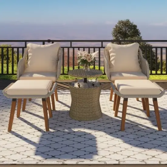 FIONECA 5-Piece Patio Conversation Set with Wicker Cool Bar Table, Chairs & Ottomans, Outdoor Bistro Furniture Set for Porch, Backyard, Brown image {2}
