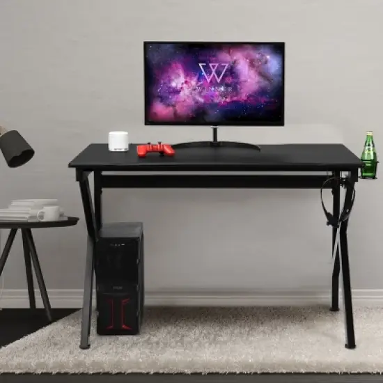 Tangkula K-Shape Gaming Desk Computer PC E-Sports Table w/ Cup Holder Hook Black image {3}