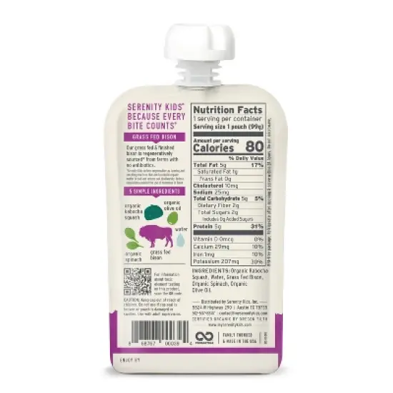 Serenity Kids Grass Fed Bison with Organic Kabocha Squash & Spinach Baby Food Pouch - 3.5oz image {1}