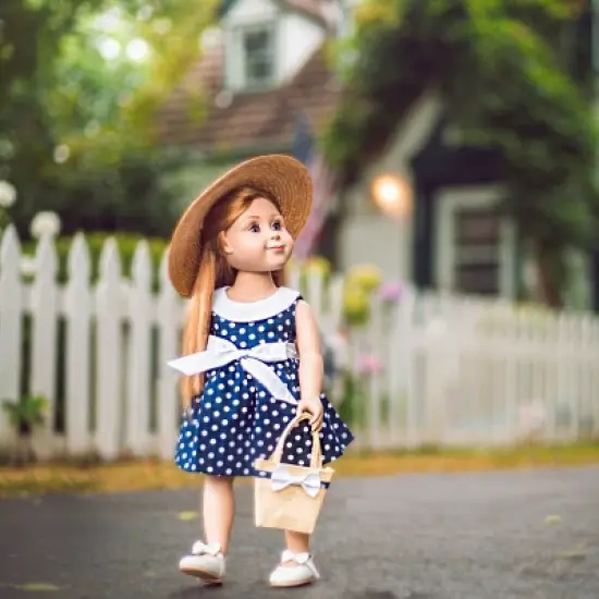 The Queen's Treasures 18 Inch Doll Blue Polka Dot Dress with White Bow Shoes image {1}