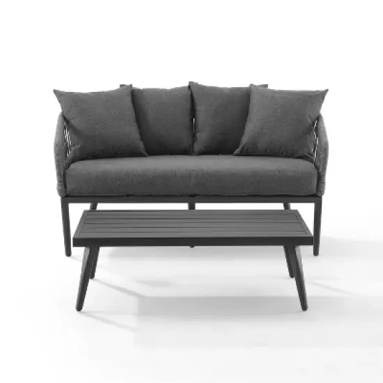 Dover 2pc Outdoor Rope Conversation Set with Loveseat & Coffee Table - Charcoal/Matte Black - Crosley image {6}