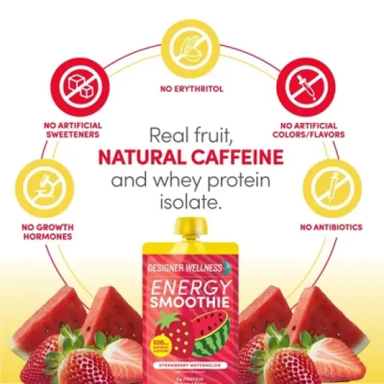 Designer Wellness Energy Smoothie, Real Fruit, 100mg Natural Caffeine, 5g Protein, Zero Added Sugar, Gluten-Free, Strawberry Watermelon, 12 Count image {2}