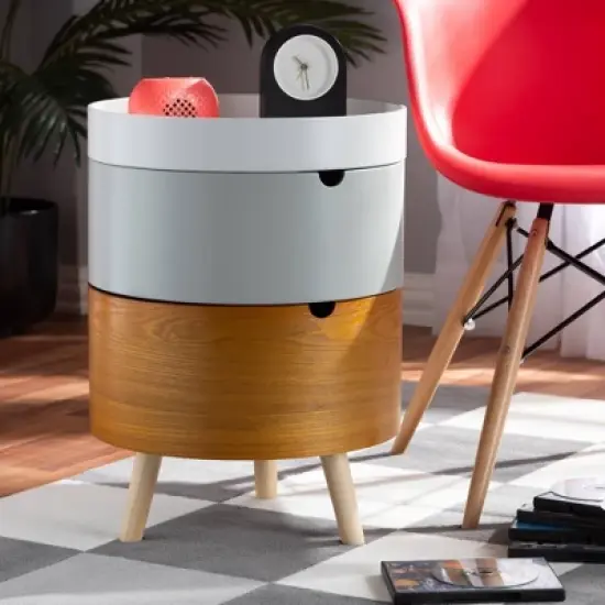 3 Tier Elison Wood Nightstand White - Baxton Studio: Mid-Century Modern Bedside Table with Storage & Removable Tray image {2}