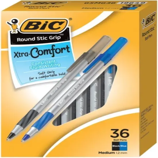 BIC Round Stic Grip Ballpoint Pen, 1.2 mm Medium Tip, Black/Blue, Pack of 36 image {1}
