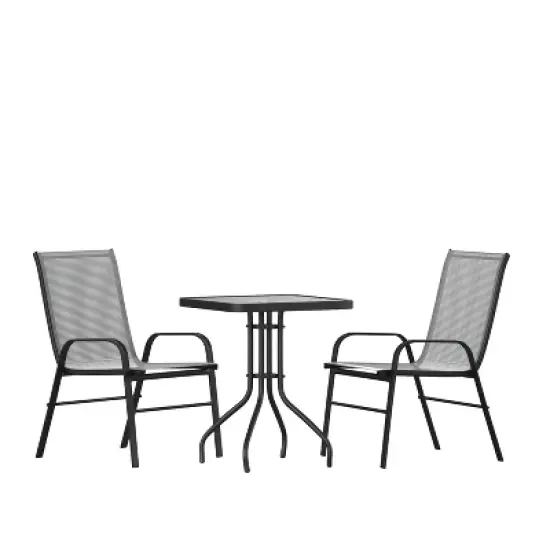 Emma and Oliver Three Piece Patio Table Set with Square Metal Frame Table with Tempered Glass Top and Two Flex Comfort Stacking Chairs image {12}