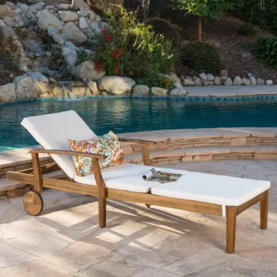 Christopher Knight Home Perla Outdoor Acacia Wood Armless Adjustable Chaise Lounge with Water Resistant Cushion image {10}