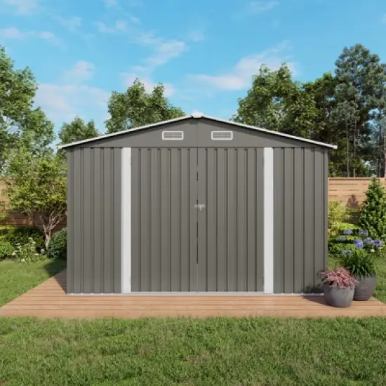 10 x 8 FT Outdoor Storage Shed,Lockable Door and Air Vent, Clear Window Garden Tool Shed for Bicycles,Backyards, Patios, Lawns,Gray image {14}